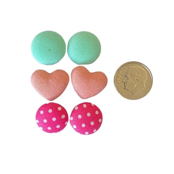 Cloth Bead Button Style Stud Earrings Polka Dot Print & Solid 3 Piece Set OSFM - Picture 3 of 3